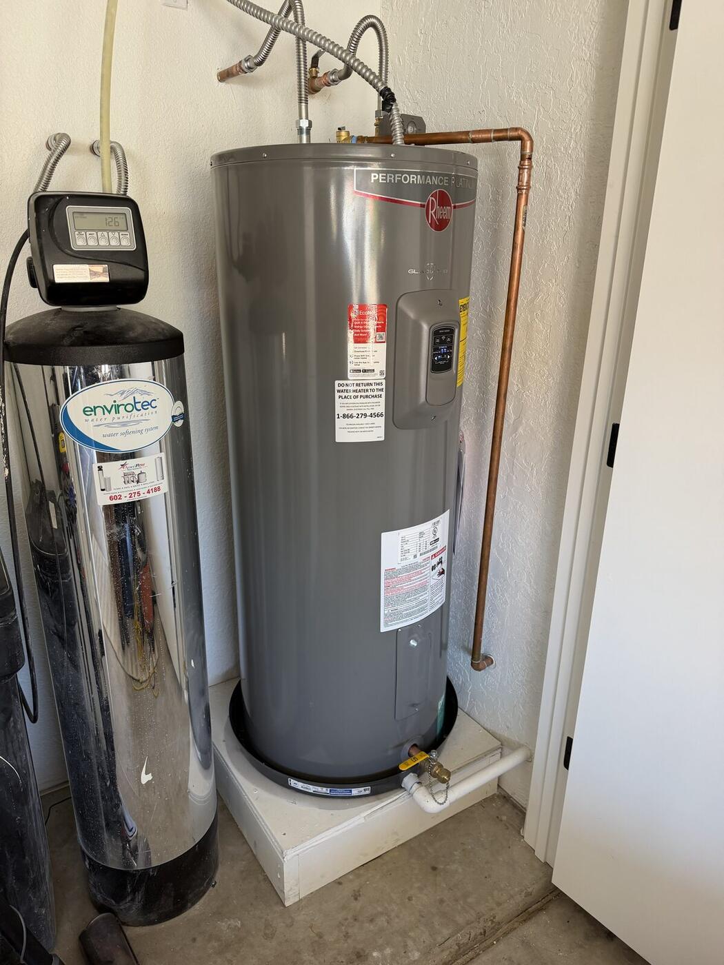 New 55-gallon Rheem Gladiator smart electric water heater installed by Water Pros Plumbing in Scottsdale AZ